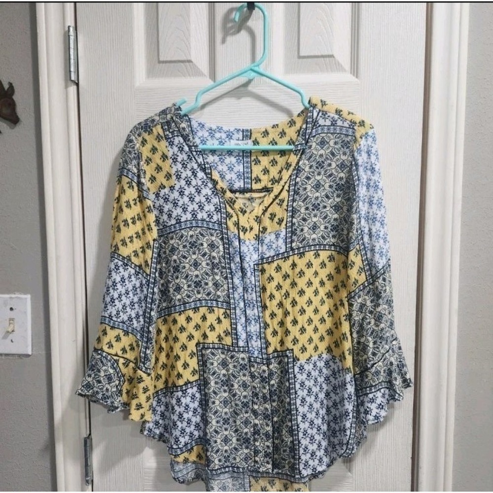 Westport Patchwork Blouse M Blue Yellow Boho Peasant Top Bell Sleeve Lightweight